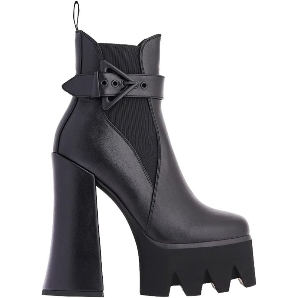Women's Black Buckle Strap Fashion Square Toe Platform Elastic Band High Heel